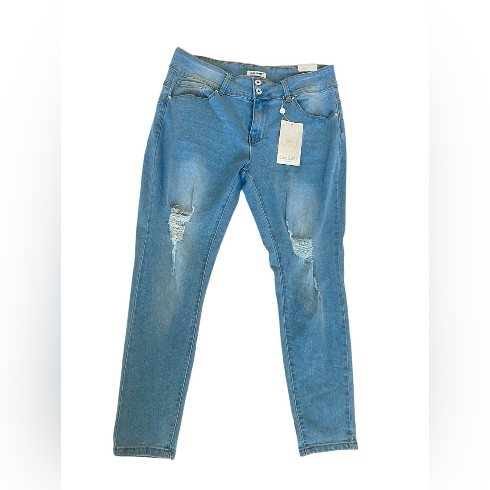 Blue Savvy Curvy Distressed Jeans with Rips - Picture 2 of 11